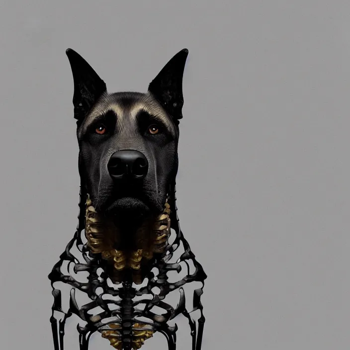 Prompt: portrait of belgian malinois as skeleton. intricate abstract. intricate artwork. by Tooth Wu, wlop, beeple, dan mumford. octane render, trending on artstation, greg rutkowski, very coherent symmetrical artwork. cinematic, hyper realism, high detail, octane render, 8k, iridescent accents, deep blacks