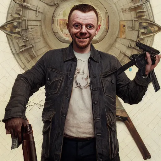 Image similar to portrait painting of simon pegg smiling like a winner with a winchester, ultra realistic, concept art, intricate details, eerie, highly detailed, photorealistic, octane render, 8 k, unreal engine. art by artgerm and greg rutkowski and alphonse mucha