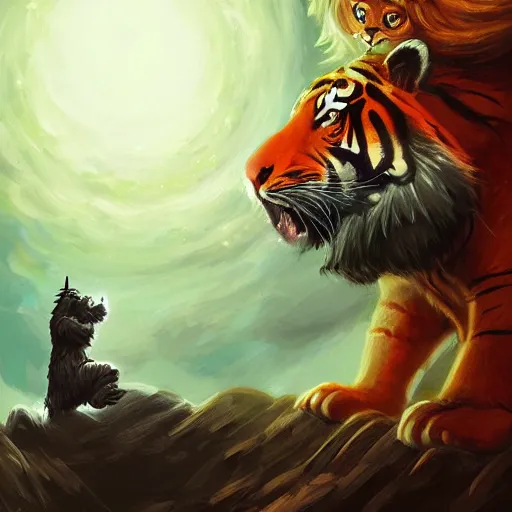 Image similar to A Wizard battling a Tiger, digital art, masterpiece; trending on ArtStation; by MotG digital painting by R.J. Palmer; by Anato Finnstark