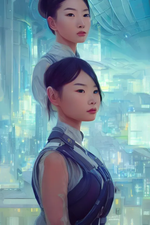 Image similar to portrait futuristic asian airforce girl, looking at the camera, expressive pose, symmetrical face, in future airport rooftop , sci-fi, fantasy, intricate, very very beautiful, elegant, human anatomy, neon light, highly detailed, digital painting, artstation, concept art, smooth, sharp focus, illustration, art by tian zi and WLOP and alphonse mucha