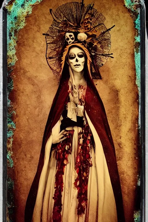 Image similar to tintype full body view, virgin mary in dia de muertos dress and make up, horrific beautiful vibe, evocative, atmospheric lighting, painted, intricate, highly detailed,