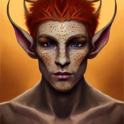 Prompt: portrait painting of an elven eladrin young man with short light orange hair and freckles and tribal tattoos on his cheekbones wearing fancy fur armor, sharp focus, award - winning, trending on artstation, masterpiece, highly detailed, intricate. art by merwild and ernesto irawan and rachel denton
