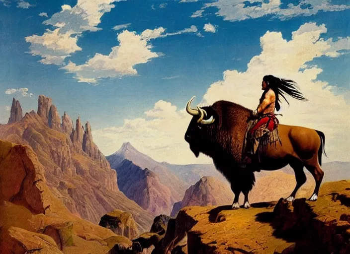 Image similar to beautiful native american riding bison, buffalo, powerful native american warrior, mountain range, beautiful sky, standing on the edge of a cliff, nineteenth century, painted by frazetta