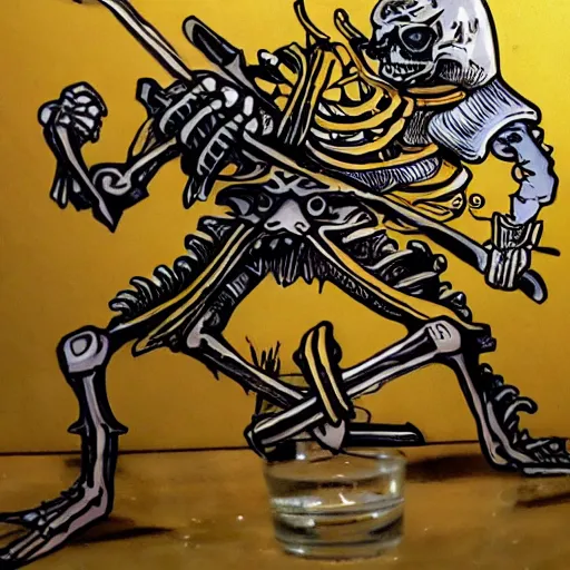 Image similar to skeleton warrior fighting with anamorphic shawarma with swords