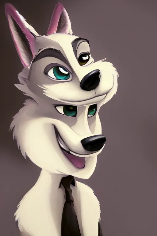 Image similar to oil painting of anthromorphic female wolf, in style of zootopia, female fursona, furry, furaffinity, 4 k, deviantart, furry art, fursona art, wearing black business suit, business suit, wolf fursona, female, smug expression,