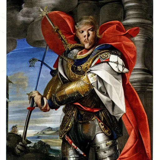 Image similar to donald trump, donald trump, wearing knight ’ s armor, holding a spectacular broadsword, by annibale carracci, two arms, two legs, donald trump, symmetrical face, highly detailed face, perfect face