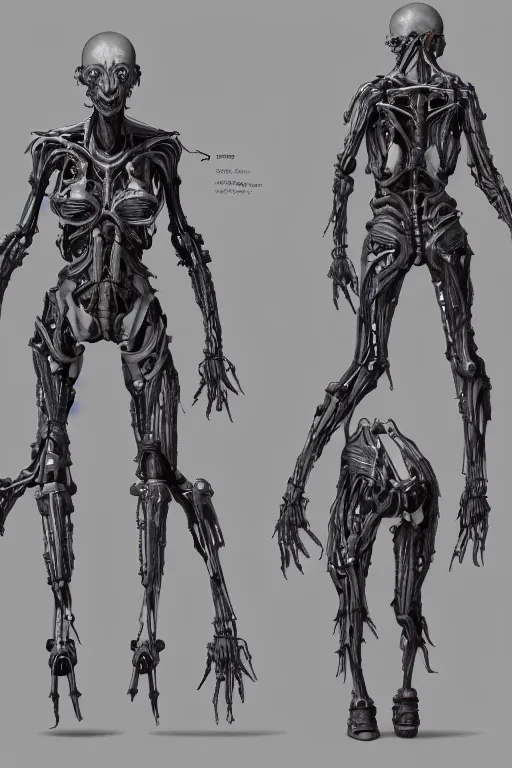 Prompt: cyborg vampire with gunmetal grey skin, medical anatomy, very symmetrical face, highly detailed, mecha, three - perspective / three - view reference sheet ( front / back / side ), in the style of dan ouellette, hr giger, sil from species, dren from splice, biomechanical, artstation, unreal engine