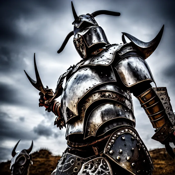 Prompt: photo of a warrior with metal cow themed armour, highly detailed, 4 k, hdr, smooth, sharp focus, high resolution, award - winning photo