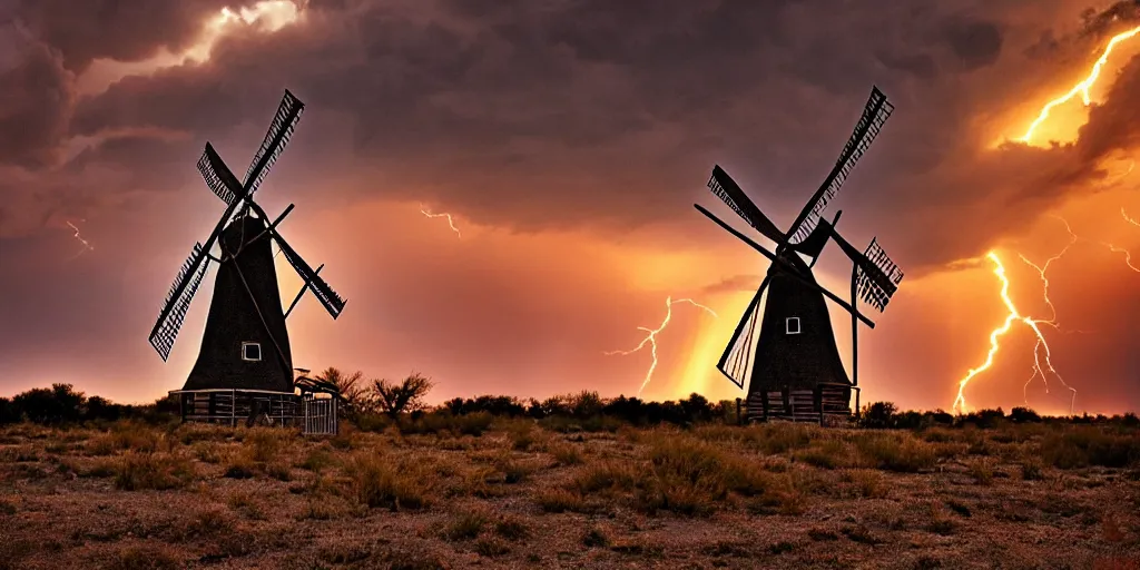 Image similar to photo of a stormy west texas sunset, perfect rustic windmill, film photo, lightning, golden hour, high quality, beautiful!!!