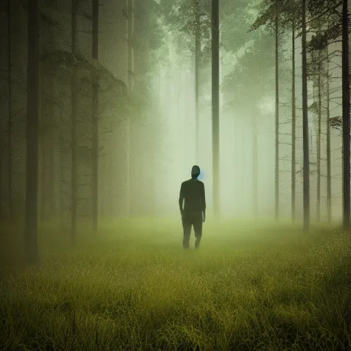 Prompt: man made of smoke walks in a green forest, octane render, dramatic lighting, cinematic