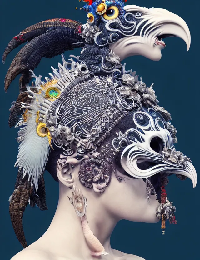 Image similar to 3 d goddess close - up profile portrait punk with mohawk with ram skull. beautiful intricately detailed japanese crow kitsune mask and clasical japanese kimono. betta fish, jellyfish phoenix, bio luminescent, plasma, ice, water, wind, creature, artwork by tooth wu and wlop and beeple and greg rutkowski