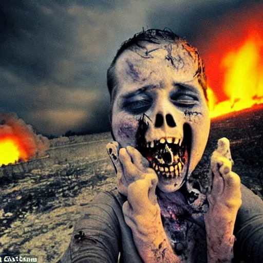 Image similar to selfie of a ukrainian screaming in pain and terrible injuries from a nuclear explosion, everything is on fire and radiation, in the background there are a lot of people like zombies, corpses and skeletons, a large nuclear explosion in the background, people are painted in yellow and blue, all dirty with severed limbs, doomsday