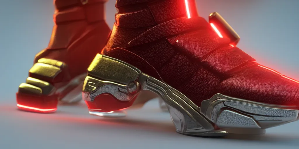 Image similar to realistic 3 d render of a cyberpunk android sneaker, beautiful studio lighting, soft, sharp focus, neon cyberpunk highlights, intricate detail, gold and red accents, soft rubber, octane render, side view, close up, trending on artstation, deviantart