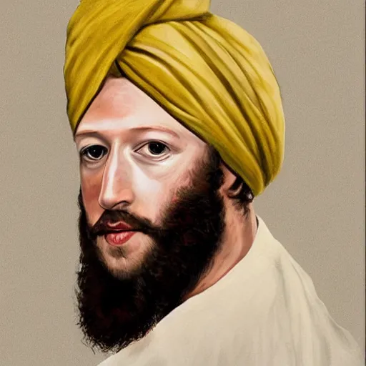 Image similar to a portrait of mark zuckerberg wearing a long beard and a turban joining the taliban. i