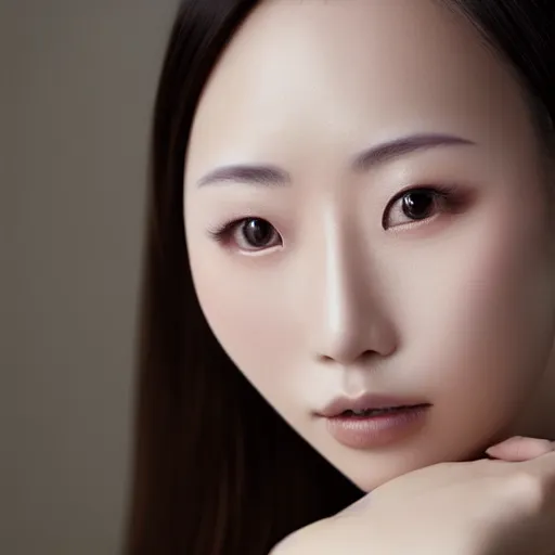 Image similar to photo portrait of beautiful Japanese women with perfect eyes and simetrical face, she have delicate traditional make up, feather in hand, cinematic light, shot by best Japanese portrait photographer 8k
