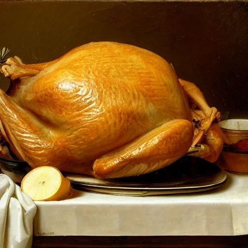 Prompt: roast turkey in still life. dutch masters, 1 8 th century. oil on canvas. juicy, fresh, delicious, mouth - watering