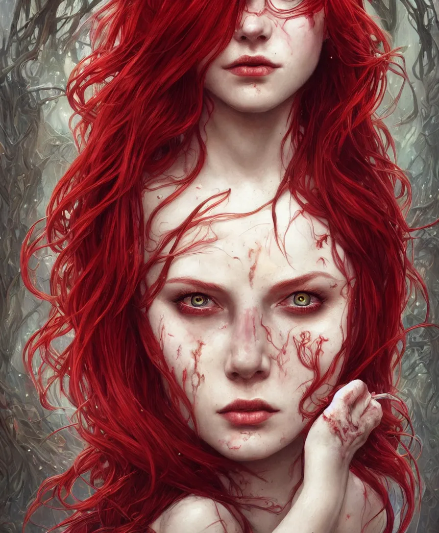 Prompt: Hyperrealistic close-up portrait of zombie mermaid young woman with red hair, alone, D&D, fantasy, intricate, elegant, highly detailed, digital painting, trending artstation, concept art, smooth, sharp focus, illustration, art by artgerm and greg rutkowski and alphonse mucha