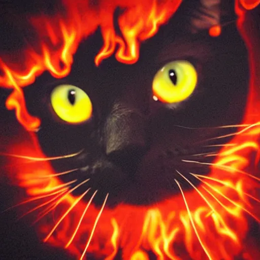 Image similar to a cat, glowing inferno eyes,black background, hyper realistic