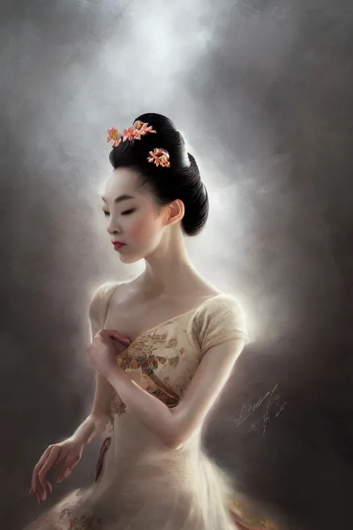 Image similar to geisha prima ballerina, gorgeous, ethereal, close-up portrait, intricate, elegant, volumetric lighting, scenery, digital painting, highly detailed, artstation, sharp focus, illustration, concept art, ruan jia, steve mccurry