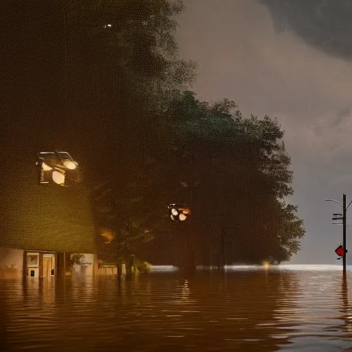 Prompt: realistic extremely detailed photo real portrait of a flood, dusk, elegant, moody vibrant colors, gregory crewdson, octane render, 4k