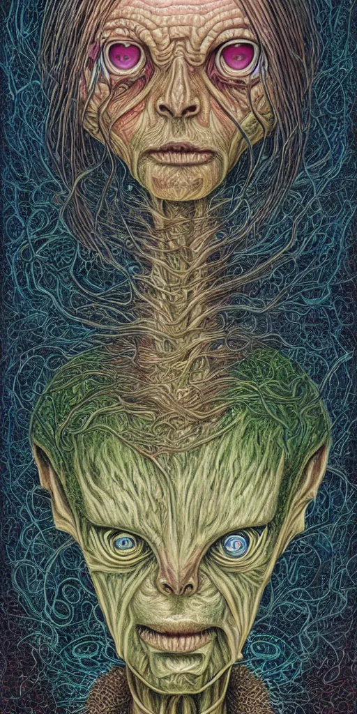 Image similar to alien portriat, alex grey, patrick woodroffe, mark ryden