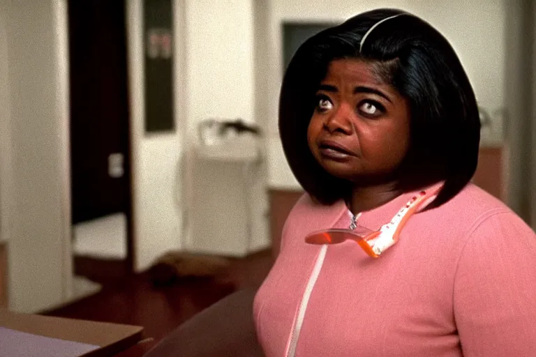 Image similar to screenshot of close up of octavia spencer removes a small hearing device with tweezers from her left ear, iconic scene from the paranoid sci fi thriller film directed by stanley kubrick, apartment set in the near future, cinematic shot with anamorphic lenses, color theory, apartment design, leading lines, photorealistic, volumetric lighting