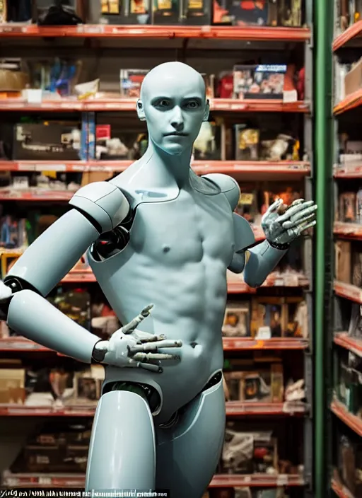 Image similar to a humanoid robot with an adult male human looking face is the statue david by michelangelo, polaroid, flash photography, photo taken in a back storage room where you can see empty shelves in the background,