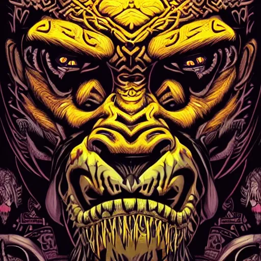 Prompt: barong family member, wiwek, mara demon, one single tribe member, jungle, one single mask, dark, ancient warrior, gorilla in jungle, lizard, tribal, fists, inner glow, art by dan mumford and justin gerard