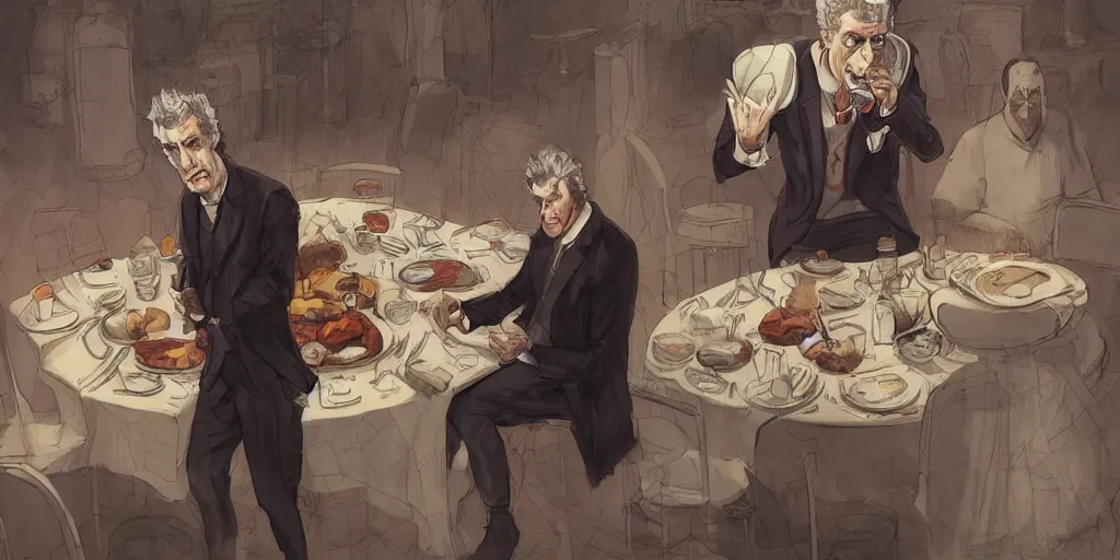 Prompt: cartoonish peter capaldi eating dinner, character sheet, fine details, concept design, contrast, kim jung gi, greg rutkowski, trending on artstation, 8 k, full body, turnaround, front view, back view, ultra wide angle