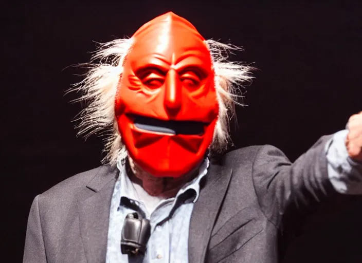 Prompt: publicity photo still of larry david wearing a slipknot mask touring with slipknot live on stage, 8 k, live concert lighting, mid shot