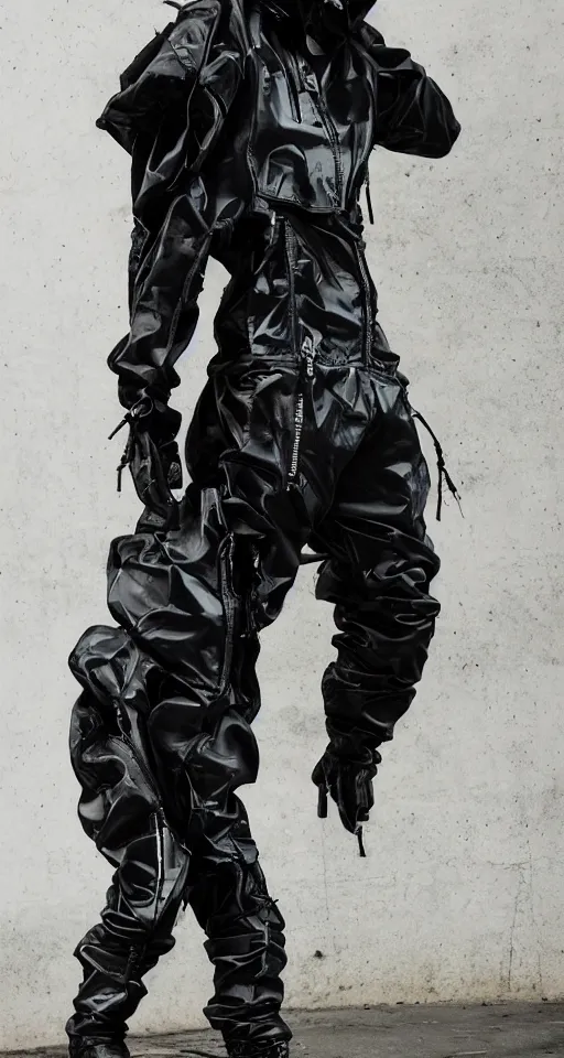 Prompt: cyberpunk techwear streetwear look and clothes, we can see them from feet to head, highly detailed and intricate, beautiful bright colors, hypermaximalist, futuristic, cyberpunk setting, luxury, elite, cinematic, techwear fashion, Errolson Hugh, Sacai, Nike ACG, Yohji Yamamoto, Y3, ACRNYM, outfit photo