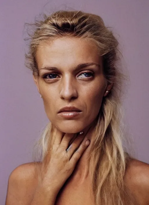 Image similar to photograph of an olive skinned blonde female in her late twenties, her hair pinned up, wearing a designer top, looking content, focused on her neck, photographer annie leibovitz