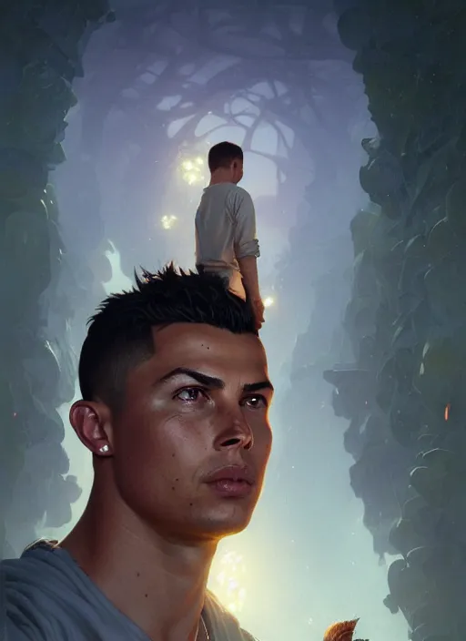 Image similar to highly detailed portrait of ronaldo luis nazario de lima, stephen bliss, unreal engine, fantasy art by greg rutkowski, loish, rhads, ferdinand knab and lois van baarle, ilya kuvshinov, rossdraws, tom bagshaw, alphonse mucha, global illumination, detailed and intricate environment