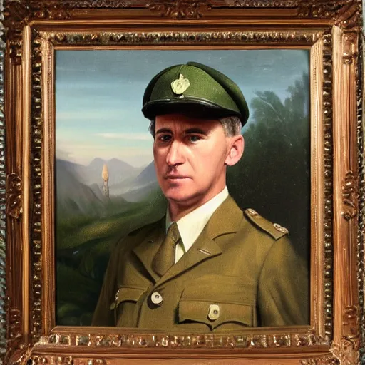 Image similar to official Portrait of a man in khaki uniform with countryside behind him. Highly detailed oil painting.