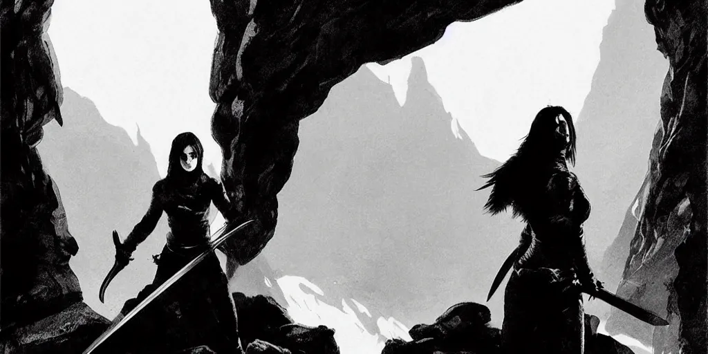 Prompt: epic portrait cinematic shot an female with large sword runnning in a cave of an giant, cloudy, realistic shaded lighting poster by craig mullism, digital art, kvlt by peder balke by theodor kittelsen by guido crepax by norman bluhm mystic high contrast monochromatic noir