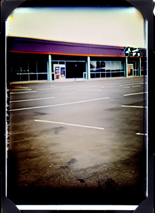 Image similar to polaroid photograph of an empty blockbuster store parking lot, liminal space, familiar place, mannequins, black mold, amateur, 3 5 mm, raw, 4 k, hd