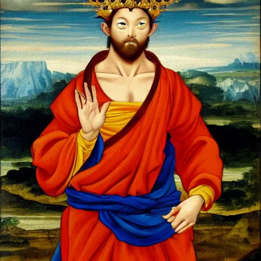 Prompt: renaissance oil painting of Goku wearing a robe, posing as king