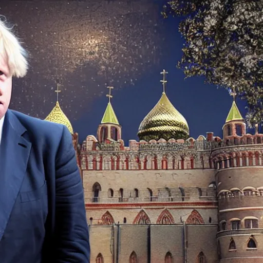 Image similar to boris johnson working in kremlin, reality, realistic, detailed, 8 k, award winning, wide shot,