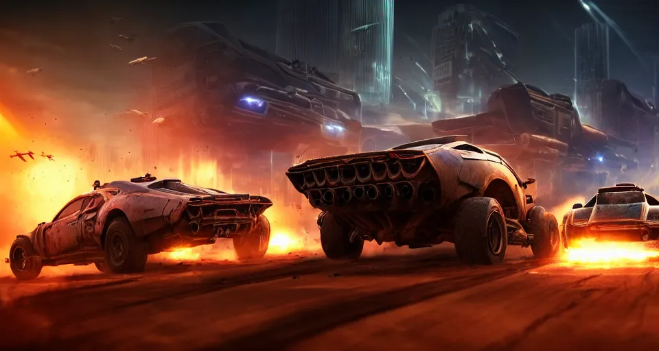 Image similar to macro closeup photo of halo warthogs being chased in a post apocalyptic city, night, smoke, dust, embers, mad max, action, speed, rocket league, volumetric lighting, hdr, need for speed, gta 5, ridley scott, syd mead, craig mullins, cinematic, octane