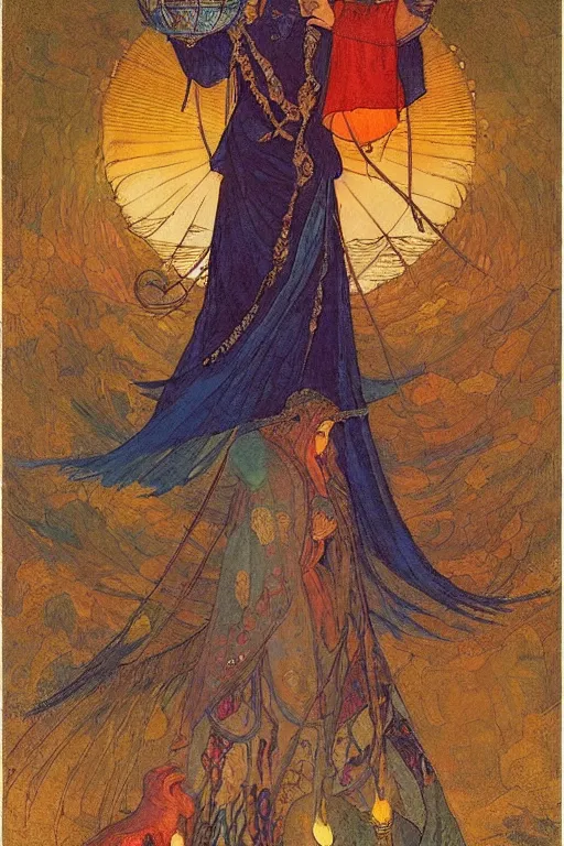 Image similar to queen of the dawn with her lantern and birds, by Annie Swynnerton and Nicholas Roerich Edmund Dulac, elaborate headdress and embroidered velvet, iridescent beetles, rich color, dramatic cinematic lighting, extremely detailed