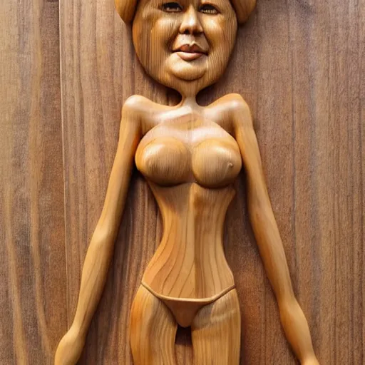 Image similar to wooden sculpture of a blonde lady in a bikini cooking sardines, polished maple, thoughtful, elegant, real