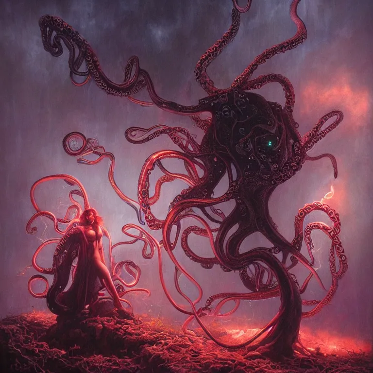 Image similar to An amorphic being with tentacles of liquid reflective copper and neon emerges from the dark surreal ether, mist amidst lightning, high contrast lighting, backlit, blacklight by Michael Whelan and Ed Binkley