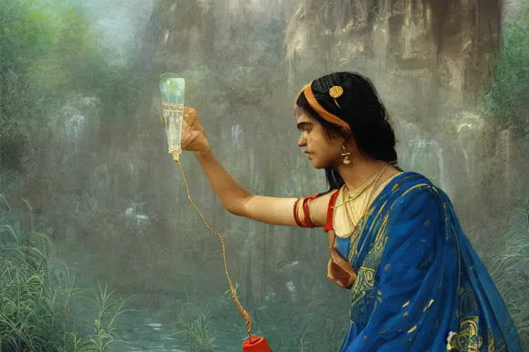 Prompt: an indian women getting water,digital painting, Pre-Raphaelites, highly detailed, concept art, smooth, sharp focus, gold and indigo, illustration, cinematic style, 35mm, art by Yoshitaka Amano