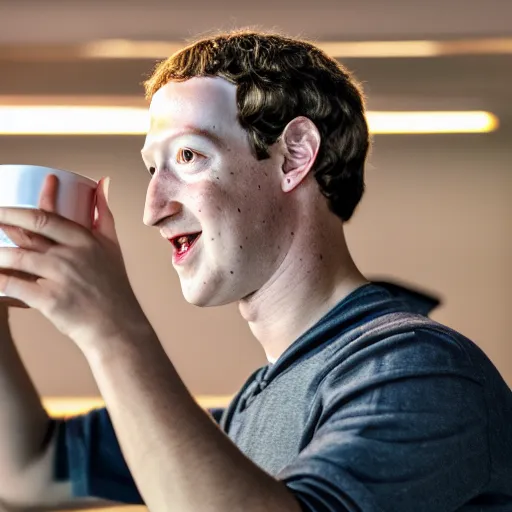 Image similar to Mark Zuckerberg as a holding a cup coaster EOS-1D, f/1.4, ISO 200, 1/160s, 8K, RAW, unedited, symmetrical balance, in-frame, Photoshop, Nvidia, Topaz AI