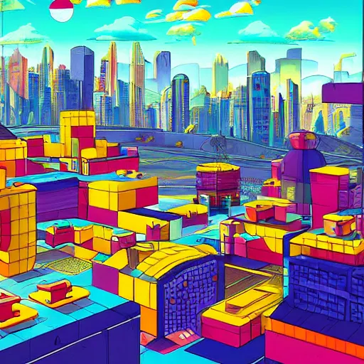 Image similar to futuristic city on a mountainside, red - yellow - blue buildings, city, q - bert blocks, colorful blocks on hillside, 3 d blocks, cel - shaded, raytracing, cel - shading, toon - shading, 2 0 0 1 anime, flcl, jet set radio future, drawn by artgerm