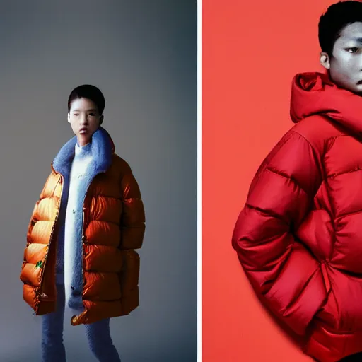 Image similar to realistic photoshooting for a new balenciaga lookbook, color film photography, portrait of a blonde asian woman, model wearing a puffer jacket, photo in style of tyler mitchell, 3 5 mm,