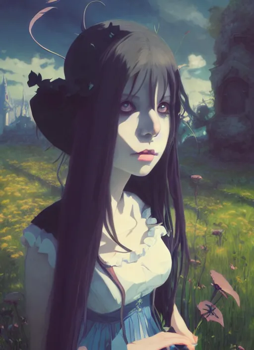 Image similar to portrait of gothic alice from wonderland, cloudy sky background lush landscape illustration concept art anime key visual trending pixiv fanbox by wlop and greg rutkowski and makoto shinkai and studio ghibli