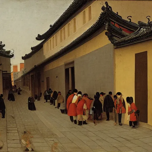 Prompt: A painting of everyday life in a quiet street in Beijing by Bruegel.