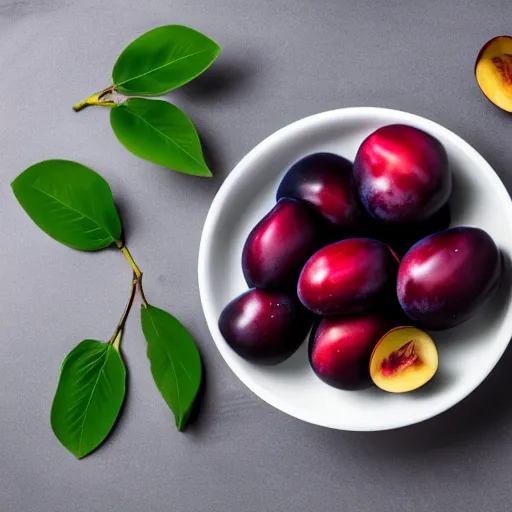 Prompt: photo of a thick porcelain bowl filled with a few moist freshly picked plums on a wooden table. volumetric lighting. 4 k. small scale. realistic.