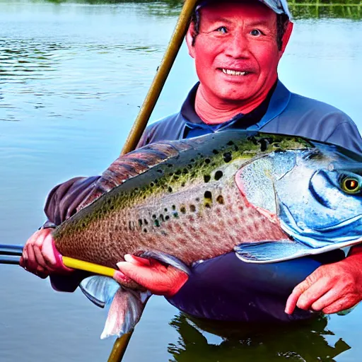 Image similar to a fisherman who just caught a very nice fish, hyperrealistic photograph